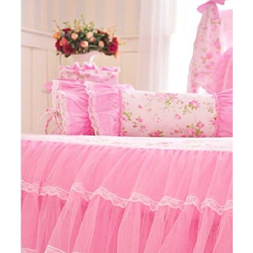  MeMoreCool Home Textile Elegant Design Pastoral Style Floral Lace Princess Bedding Set Girly Ruffle Duvet Cover Fashion Exquisite Falbala Bed Skirt Twin Size 3Pcs