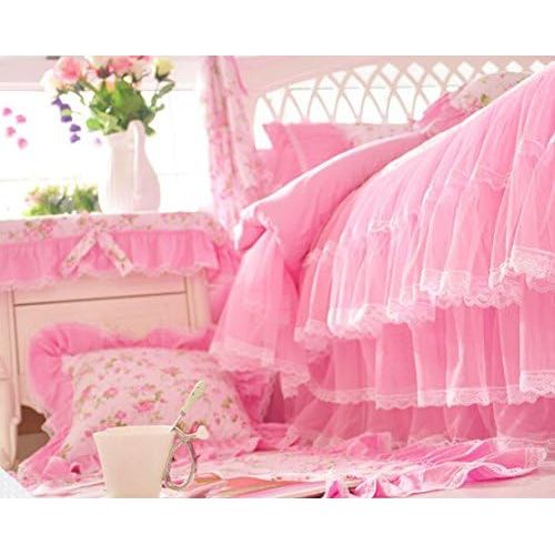  MeMoreCool Home Textile Elegant Design Pastoral Style Floral Lace Princess Bedding Set Girly Ruffle Duvet Cover Fashion Exquisite Falbala Bed Skirt Twin Size 3Pcs