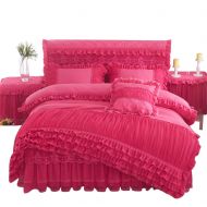 MeMoreCool Lotus Karen Rose Princess Bed Sets Multi Layers Ruffles with Lace Girls Bedding Set Romantic Korean Style Bed Cover Set for Girls (1Duvet Cover, 1Bedskirt, 2Pillowcases)