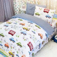 MeMoreCool Home Textile Cute Cartoon Cars Design Upscale 100% Cotton 4 Pieces Bedding Set Soft Quilt Covers for Boys and Girls Cartoon Bed Sheets Queen Size
