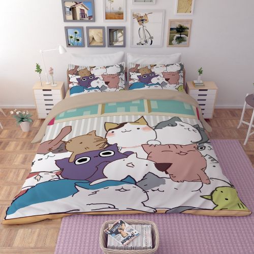  MeMoreCool Cartoon Cat Full Duvet Cover Sets for Kids White Khaki Reversible 4 Pieces Kids Girls Boys Bedding Sets Duvet Cover with Pillowcases Child Bedding Sets, No Quilt