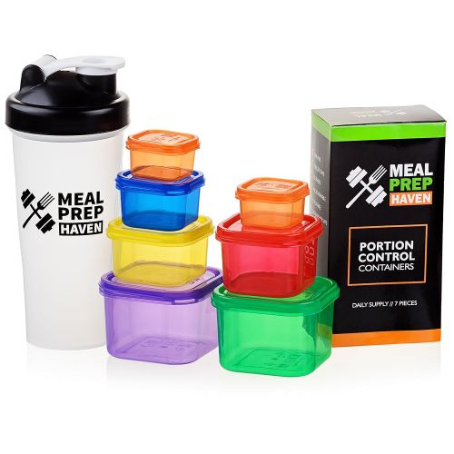  Meal Prep Haven 7 Piece Multi-Colored Portion Control Container Kit with Guide and Protein Shaker Bottle