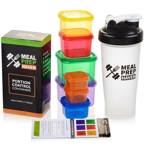  Meal Prep Haven 7 Piece Multi-Colored Portion Control Container Kit with Guide and Protein Shaker Bottle