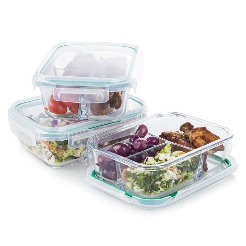  MealPrep [3-Pack] Glass Meal Prep Containers 3 Compartment - Glass Food Storage Containers - Glass Storage Containers with Lids - Divided Glass Lunch Containers Food Container - Bento Box G