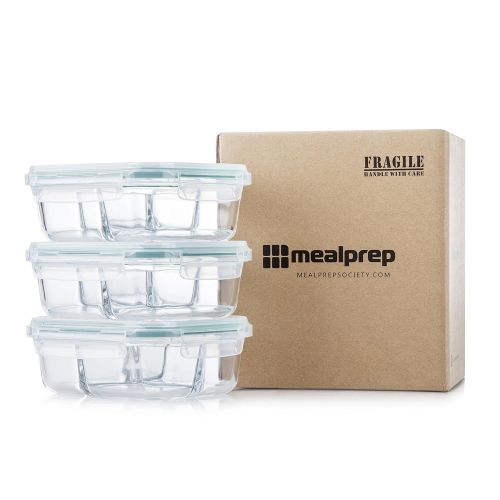  MealPrep [3-Pack] Glass Meal Prep Containers 3 Compartment - Glass Food Storage Containers - Glass Storage Containers with Lids - Divided Glass Lunch Containers Food Container - Bento Box G