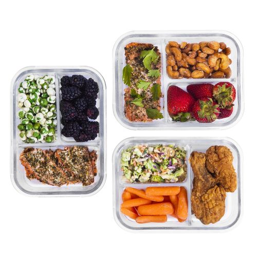  MealPrep [3-Pack] Glass Meal Prep Containers 3 Compartment - Glass Food Storage Containers - Glass Storage Containers with Lids - Divided Glass Lunch Containers Food Container - Bento Box G