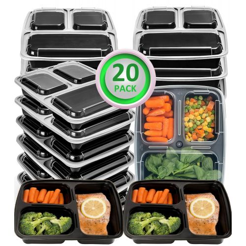  Mealcon 20 Pack Meal Prep Containers 3 Compartment Plastic Food Container with Lids-Divided Bento Lunch Box-Microwave,Dishwasher Safe-Portion Control,21 Day Fix+20 Sporks(36oz)