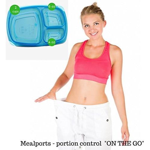  Mealports Divided Lunch Containers, 3 Compartment Meal Prep & Portion Control, Bento Lunch Box Set (6) for Kids & Adults - Stackable, Reusable, Dishwasher, Freezer, Microwave Safe,