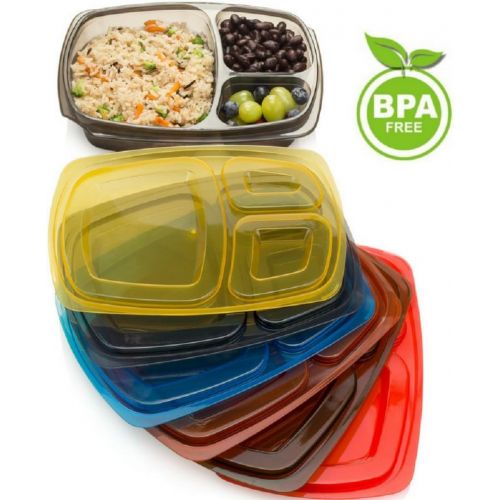  Mealports Divided Lunch Containers, 3 Compartment Meal Prep & Portion Control, Bento Lunch Box Set (6) for Kids & Adults - Stackable, Reusable, Dishwasher, Freezer, Microwave Safe,