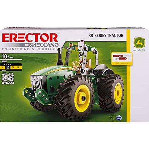  Meccano Erector John Deere 8R Tractor Building Kit with Working Wheels, STEM Engineering Education Toy for Ages 10 & Up