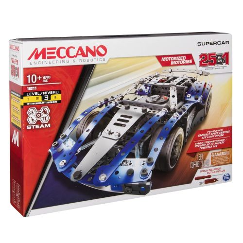  Meccano by Erector, 25-Model Supercar STEM Building Kit with LED Lights, for Ages 10 and Up