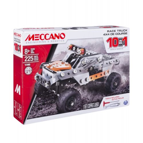  Meccano Erector, 10 in 1 Model Race Truck Building Set, 225 Pieces, for Ages 8 and up, STEM Construction Education Toy