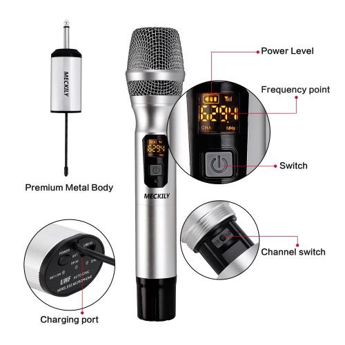  Meckily Wireless Microphone， Handheld Vocal Metal Dynamic Cordless Mic with UHF Cardioid and Multi-Channel Frequency, Support Many People Singing, PA, Voice Amplifier and more(Sliver)