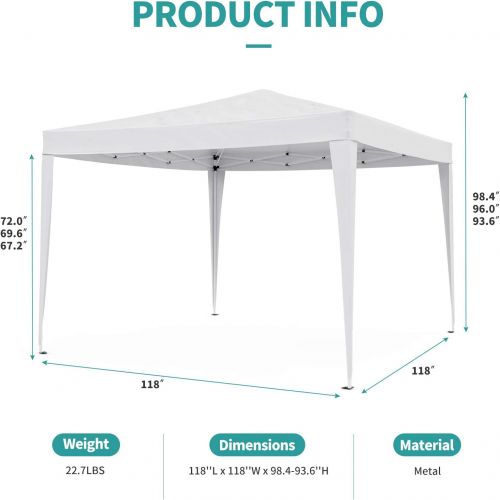  Mecor 10 x 10 Pop Up Canopy Tent, Outdoor Portable Canopy Adjustable Height with Carrying Bag, Waterproof Gazebo for Party, Wedding, Outside Events, White