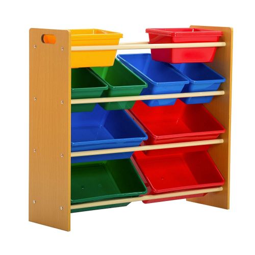  Mecor Kids Toy Bin Storage Organizer Box Shelf Drawer, with 12 Extra Large 4 Color Plastic Bins, for Kids Bedroom Playroom Furniture Set,Primary CollectionNatural