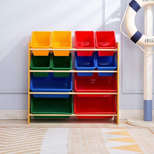  Mecor Kids Toy Bin Storage Organizer Box Shelf Drawer, with 12 Extra Large 4 Color Plastic Bins, for Kids Bedroom Playroom Furniture Set,Primary CollectionNatural