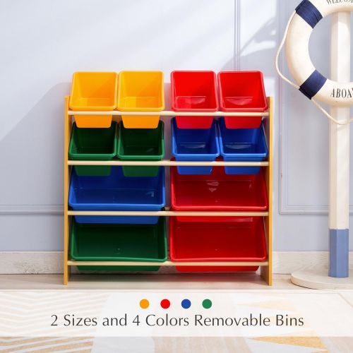  Mecor Kids Toy Bin Storage Organizer Box Shelf Drawer, with 12 Extra Large 4 Color Plastic Bins, for Kids Bedroom Playroom Furniture Set,Primary CollectionNatural