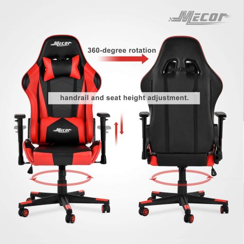  Mecor Gaming Chair Game Racing Ergonomic PU Leather Office Computer Desk Swivel Chair, Backrest Handrail and Seat Height Adjustment with Headrest and Lumbar Support,(Red)