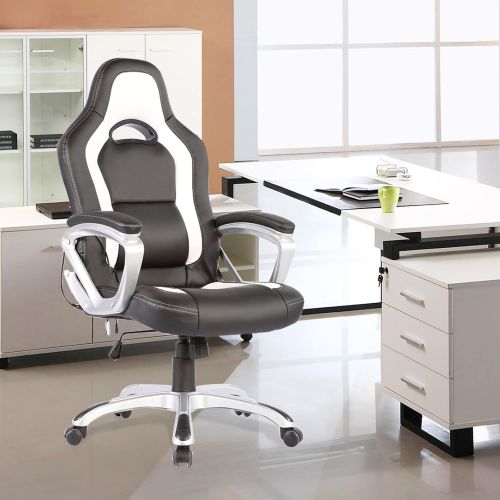  Mecor Massage Office Chair Race Car Style PU Leather Computer Chair Ergonomic (Black&White)