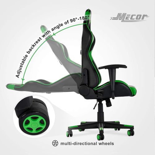  Mecor Gaming Chair Game Racing Ergonomic PU Leather Office Computer Desk Swivel Chair,Backrest and Seat Height Adjustment with Headrest and Lumbar Support,(Green)