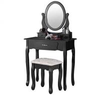 Mecor Vanity Set with Oval Mirror,Wood Dressing Table with 3 Drawers Makeup Vanity Table Set w/Stool for Girls Women Black