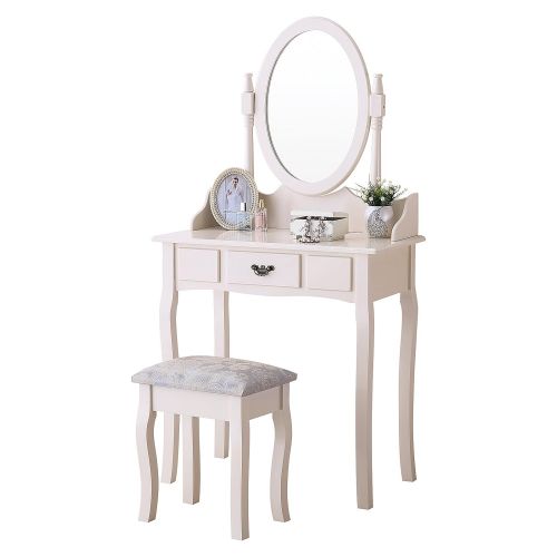  Mecor Vanity Makeup Table Set 4 Strawers Dressing Table with Stool (Ivory)