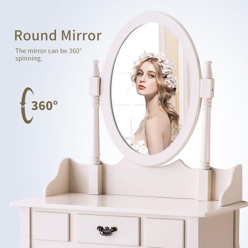  Mecor Vanity Makeup Table Set 4 Strawers Dressing Table with Stool (Ivory)