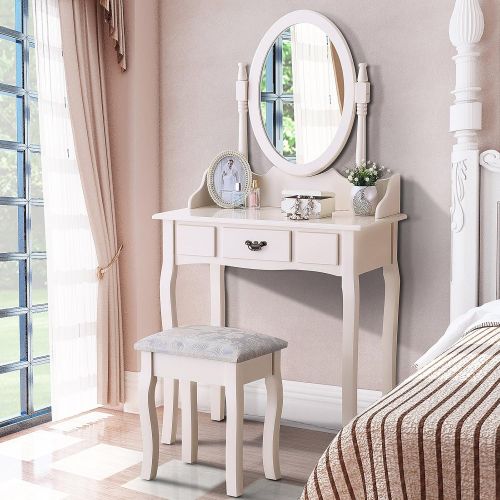  Mecor Vanity Makeup Table Set 4 Strawers Dressing Table with Stool (Ivory)