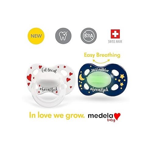 메델라 Medela Baby Pacifier | Day and Night Glow in The Dark | 0-6 Months | 2-Pack, Lightweight | BPA-Free | Supports Natural Suckling | Eat Local and 24/7 Milkbar