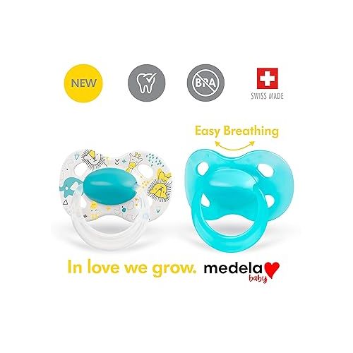 메델라 Medela Baby Pacifier | 6-18 Months | BPA-Free | Lightweight & Orthodontic | 2-Pack | Turquoise Blue and White with Baby Animals