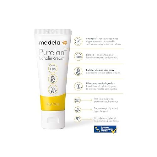 메델라 Medela Purelan Lanolin Nipple Cream for Breastfeeding, 100% All Natural Single Ingredient, Hypoallergenic, Soothing Protection, Safe for Nursing Mom and Baby, 1.3 Ounce Tube