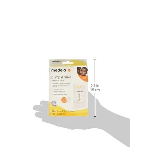 메델라 Medela Pump & Save Breast Milk Storage Bags, 20 Count Pack, Breastmilk Freezer Bags, Pour or Pump Directly into Bags with Included Easy Connect Adaptors, Made Without BPA