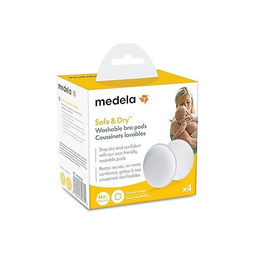 메델라 Medela Safe & Dry Washable Nursing Pads, 4 Count Breast Pads for Breastfeeding, Ultra-Absorbent, Reusable, No-Slip Contoured Design