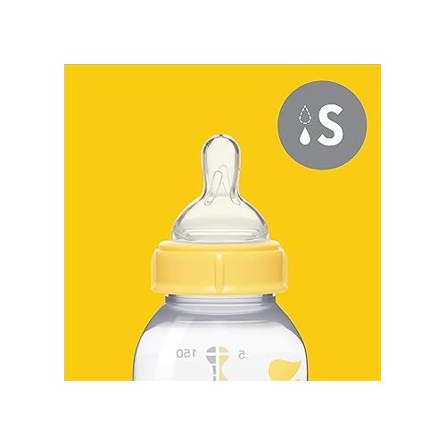 메델라 Medela Slow Flow Feeding & Storage Bottles, 3 Pack of 5 Ounce Bottle with Nipple, Lids, Wide Base Collars, and Travel Caps, Made Without BPA