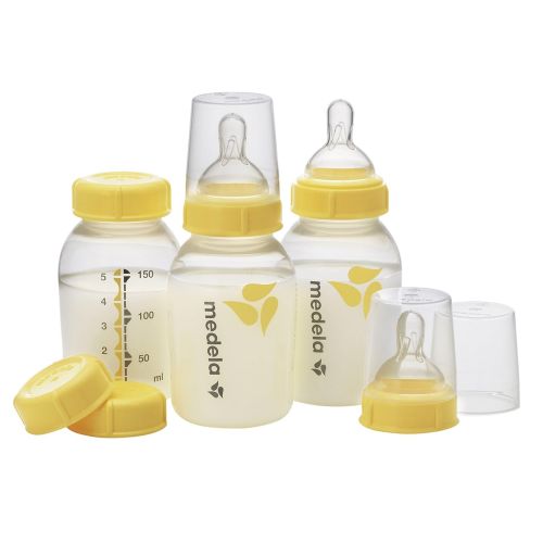 메델라 Medela Breast Milk Storage Bottles, 3 Pack of 5 Ounce Breastfeeding Bottles with Nipples, Lids, Wide Base Collars, and Travel Caps, Made Without BPA