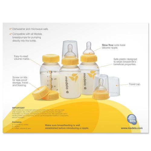 메델라 Medela Breast Milk Storage Bottles, 3 Pack of 5 Ounce Breastfeeding Bottles with Nipples, Lids, Wide Base Collars, and Travel Caps, Made Without BPA