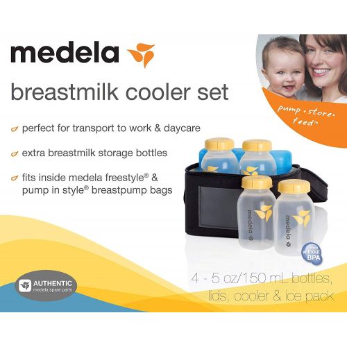 메델라 Medela Breast Milk Cooler and Transport Set, 5 Ounce Bottles with Lids, Contoured Ice Pack, Cooler Carrier Bag (2 Pack)