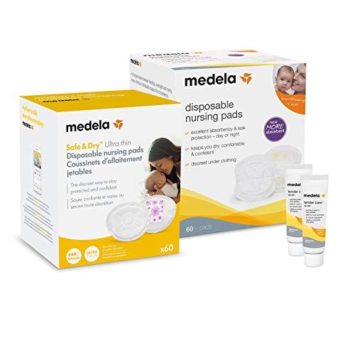 메델라 Medela Breast Care Set for Breastfeeding & Breast Pumping Moms, 4Piece Set, Ultra Thin Disposable Nursing Pads 60 Ct, Super Absorbency Pads 60 Ct, (2) Tender Care Lanolin 0.3 Oz Tu