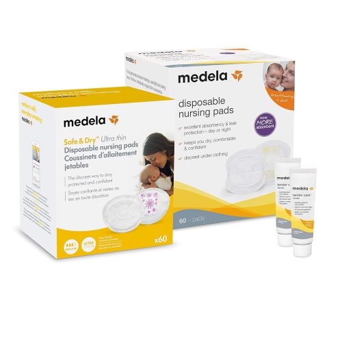 메델라 Medela Breast Care Set for Breastfeeding & Breast Pumping Moms, 4Piece Set, Ultra Thin Disposable Nursing Pads 60 Ct, Super Absorbency Pads 60 Ct, (2) Tender Care Lanolin 0.3 Oz Tu