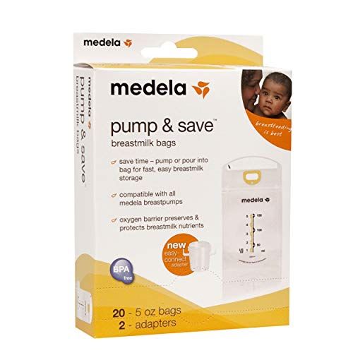 메델라 Medela Pump & Save Breast Milk Storage Bags, 20 Count Pack, Breastmilk Freezer Bags, Pour or Pump Directly into Bags with Included Easy Connect Adaptors, Made Without BPA