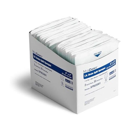  MediChoice IV Drain Split Sponge, Non-Woven, Sterile, Hypoallergenic, 2x2 Inch, White, 1314SPNG5001 (Case of 700)