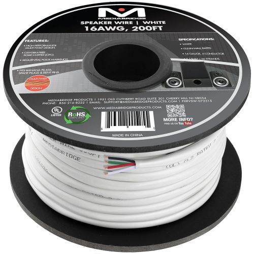  Mediabridge 16AWG 4-Conductor Speaker Wire (200 Feet, White) - 99.9% Oxygen Free Copper - UL Listed CL2 Rated for In-Wall Use (Part# SW-16X4-200-WH )