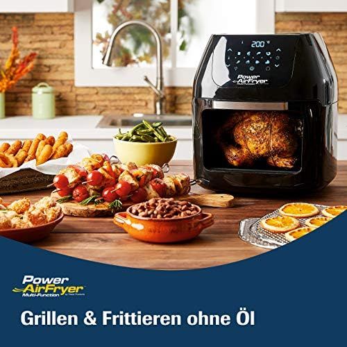  M MEDIASHOP Mediashop Power Airfryer Multi-Function DELUXE Heissluftfritteuse  Drehgrill  Doerrautomat  Rezeptheft  Frittierkorb  Grillstander  3 Gitter  1800 Watt  Grillen ohne OEl | Das