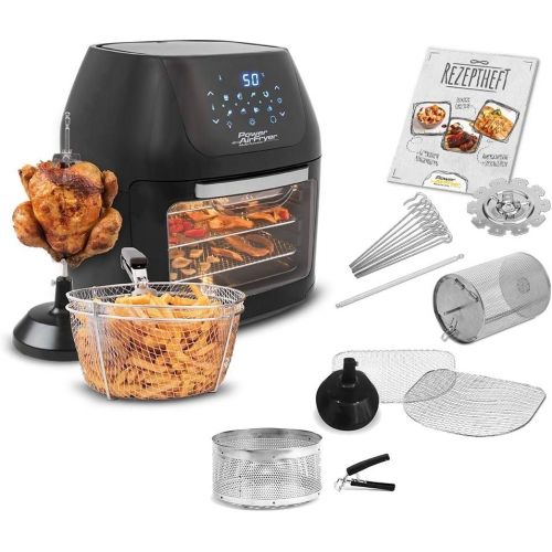  M MEDIASHOP Mediashop Power Airfryer Multi-Function DELUXE Heissluftfritteuse  Drehgrill  Doerrautomat  Rezeptheft  Frittierkorb  Grillstander  3 Gitter  1800 Watt  Grillen ohne OEl | Das