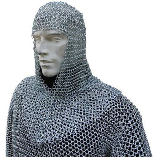  Medieval Warrior Medieval Chain Mail Shirt and Coif Armor Set (Full Size) Long Shirt