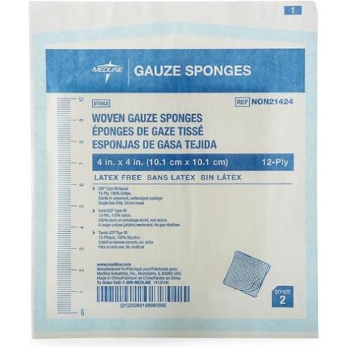  Medline 100% Cotton Woven Sterile Gauze Sponges, 4