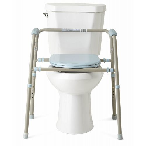  Medline MDS89664KDMB 3-in-1 Steel Bedside Microban Antimicrobial Protection Commode, Light Grey with Blue Accent