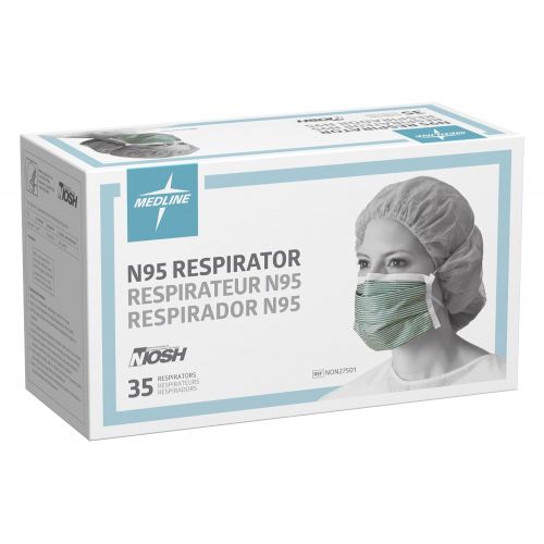  Medline NON27501 N95 Flat Fold Respirator Masks, Cellulose, Latex Free, White/Green (Pack of 210)