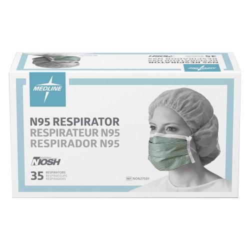  Medline NON27501 N95 Flat Fold Respirator Masks, Cellulose, Latex Free, White/Green (Pack of 210)