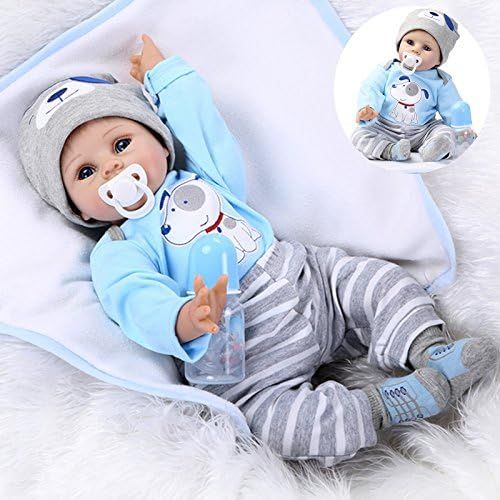  Medylove Realistic Reborn Baby Dolls Boy Lifelike Silicone Vinyl 22 Inches 55 cm Weighted Body Wearing Toy Blue Dog Cute Doll Eyes Open Gift Set for Ages 3+